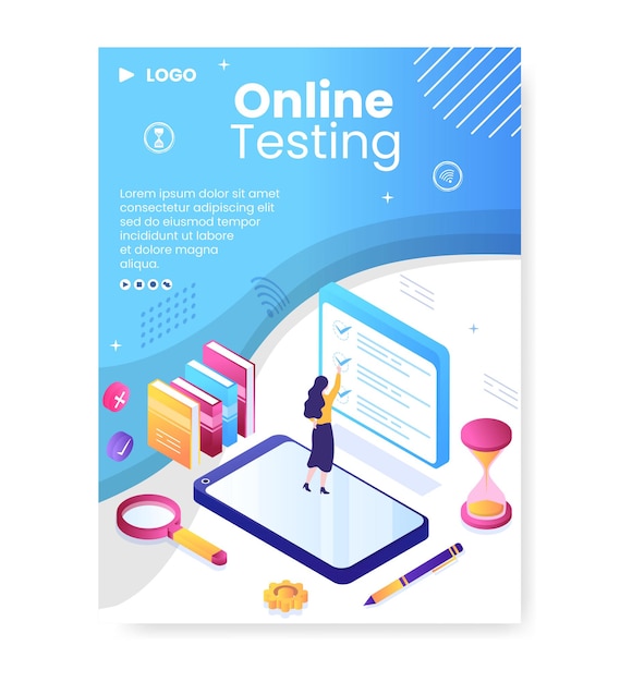 online testing course poster template flat design illustration editable of square background for social media, e-learning and education concept