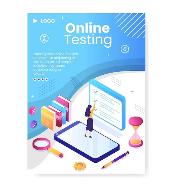 Vector online testing course poster template flat design illustration editable of square background for social media, e-learning and education concept