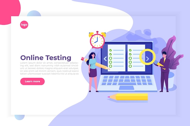 Vettore test in linea, e-learning, concetto di istruzione le persone stanno studiando il modulo di domanda.