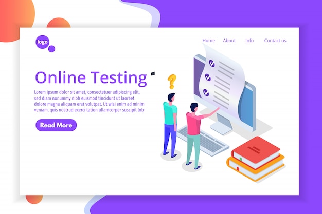 Vettore test online, e-learning, concetto di educazione isometrica. illustrazione.