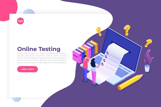 Vector online testing, e-learning, education isometric concept.