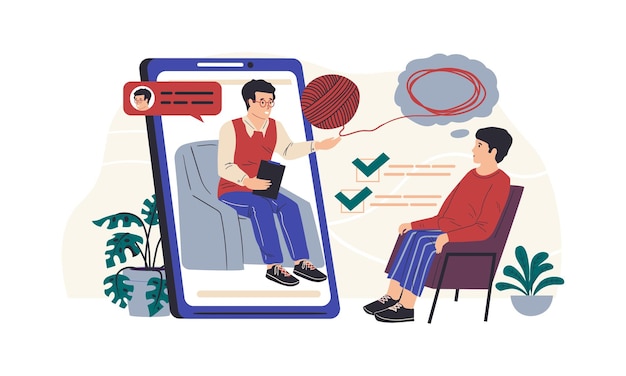 Online therapie psycholoogbegeleiding psychologietherapeutondersteuning psychotherapeutcommunicatie met patiënt via smartphone geestelijke hulp en stressbehandeling vectoroverleg