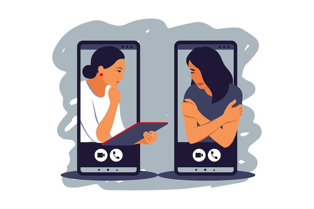 Online therapie Psychotherapeut ondersteunt vrouw met psychische problemen Counseling voor mensen onder stress en depressie via online diensten Vector illustratie