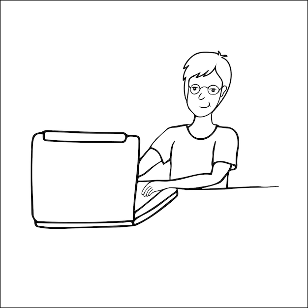 Online thuisonderwijs. Student bij een les op afstand. Een jongen typt op de laptop. Kantoormedewerker.