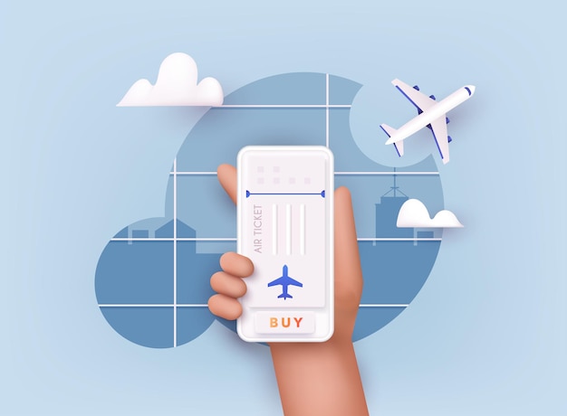 Vector online ticket concept buying tickets with smartphone traveling on airplane planning a summer vacation tourism