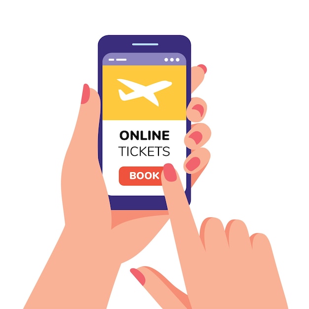 Online tickets booking app female hand touching book button on smartphone screen