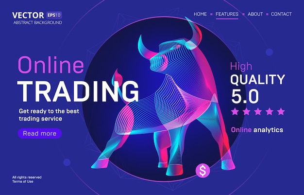 Modello di pagina di destinazione del servizio di trading online con una valutazione di alta qualità. sagoma di toro o bisonte in stile arte linea neon 3d