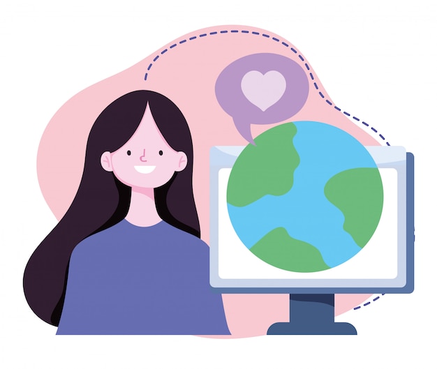 オンライントレーニング、仮想世界のコンピュータワールドレッスンの女の子、インターネットを使用したコースの知識開発