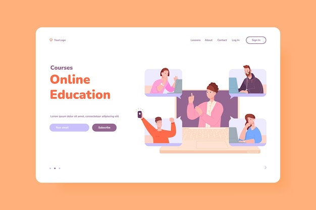 Online training in headphones elearning on laptop students study at teacher computer virtual education internet streaming pc lesson university job vector illustration