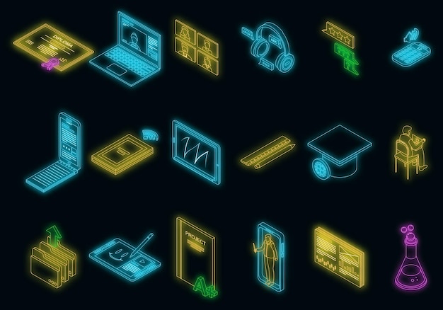 Online training icons set vector neon