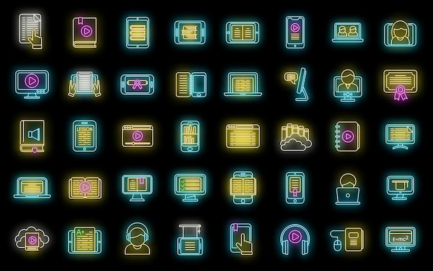 Vector online training icons set vector neon