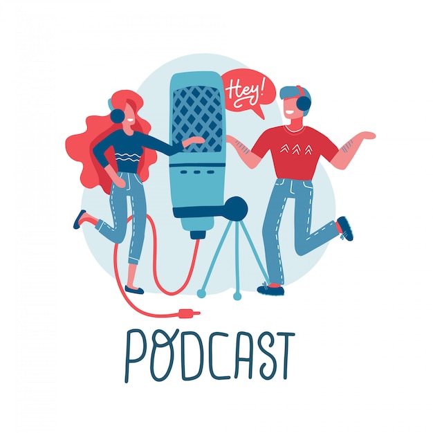 Formazione online, podcast, radio. concetto di podcast. persone che lavorano insieme per creare podcast. personaggi dei cartoni animati con grande microfono. illustrazione isolata piana con iscrizione.