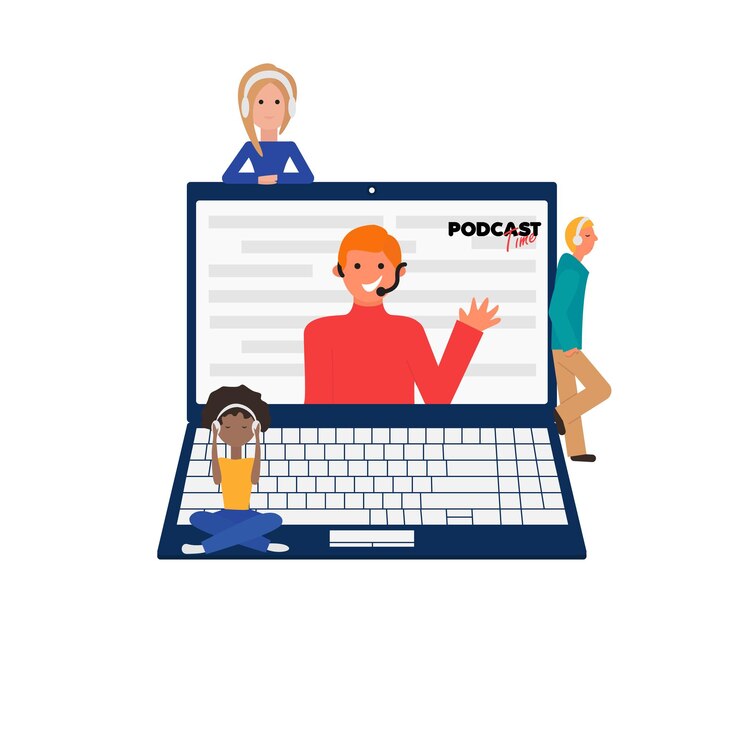 Vector online training podcast videoblogger speaking from laptop pod cast people listening pod cast webinar