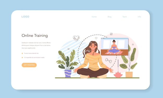 Vector online training web banner or landing page. workout in the gym with professional fitness trainer. healthy and active lifestyle. training and nutrition plan. flat vector illustration