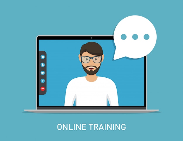 Online training with video teacher in laptop in a flat design