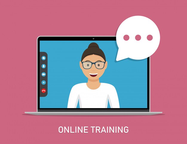 Online training with video teacher in laptop in a flat design