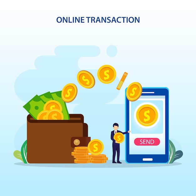 Онлайн транзакция перевод платежа деньги мобильный банкинг технология плоский векторный шаблон