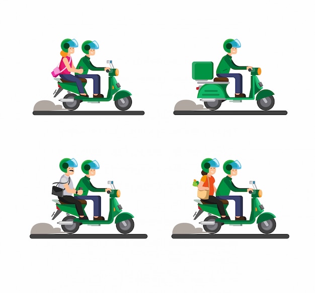 Online transportation biker, motorcycle, tandem, passenger, couple together riding motorcycle illustration