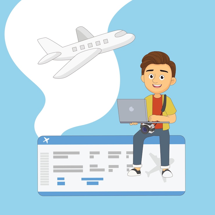 वेक्टर online travel booking concept with tourist