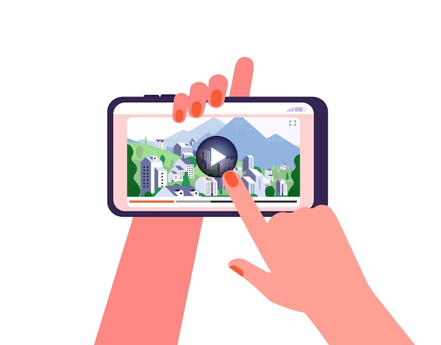 Online travel guide. Video on phone, tourism places. Woman watch live stream or internet trip illustration. Digital multimedia vector. Illustration online travel smartphone, network content channel