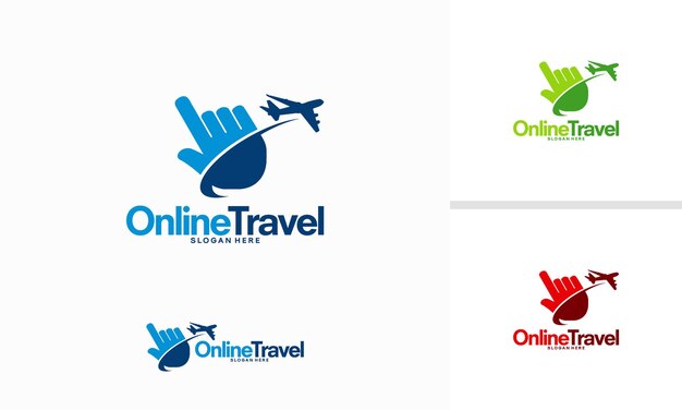 Online travel logo designs concept vector, cursor and plane logo designs template