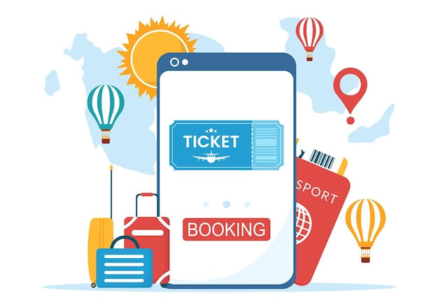 Online Travel Ticket Store Through transportation and Journey or Booking in Hand Drawn Illustration