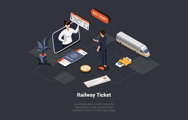 Vector online treinkaartjes kopen mobiele app reizen met de trein concept man passagier koopt online kaartje voor intercity-treinpersonage op spoorwegplatform isometrische 3d cartoon vectorillustratie