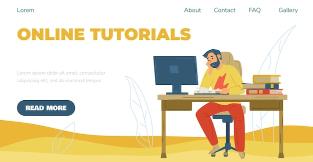 Online tutorials website with man in learning process flat vector illustration