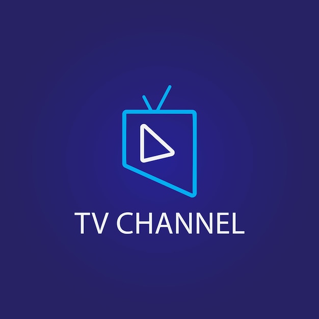 Logo del canale tv online su sfondo blu scuro modello di disegno del logo monoline con tema di colore azzurro e bianco a forma di pulsante di riproduzione e televisione