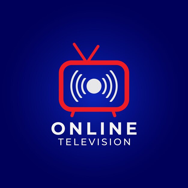 Online tv channel logo on dark blue background pictorial marks logo design concept with television and live feeds icon red blue and white color theme