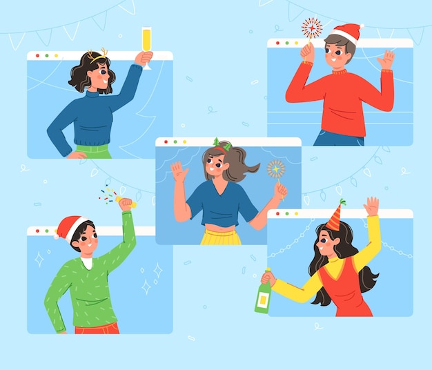 Vector online vakantiefeest voor tieners virtuele kerst ontmoet feestelijke tieners met vuurwerk en drankjes op groepsvideochat juichende viering knus vectorkarakters illustratie van internetevenement