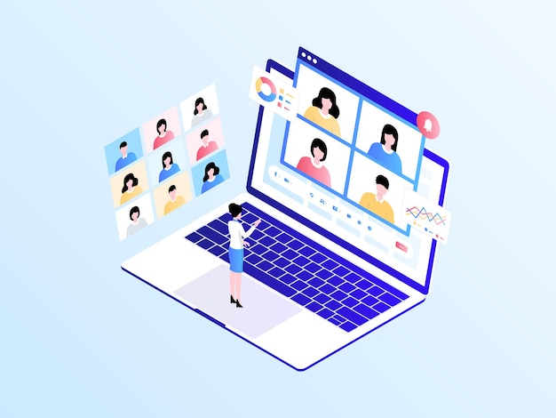 Online vergadering isometrische illustratie licht verloop. Geschikt voor mobiele app, website, banner, diagrammen, infographics en andere grafische middelen.