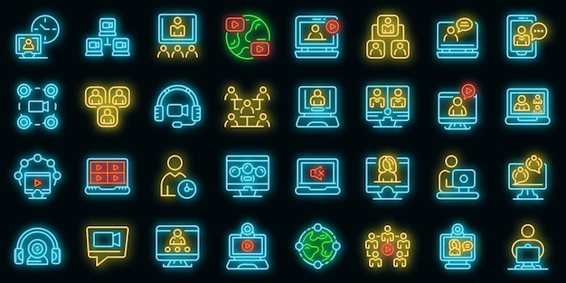 Online vergadering pictogrammen instellen. overzicht set van online vergadering vector iconen neon kleur op zwart