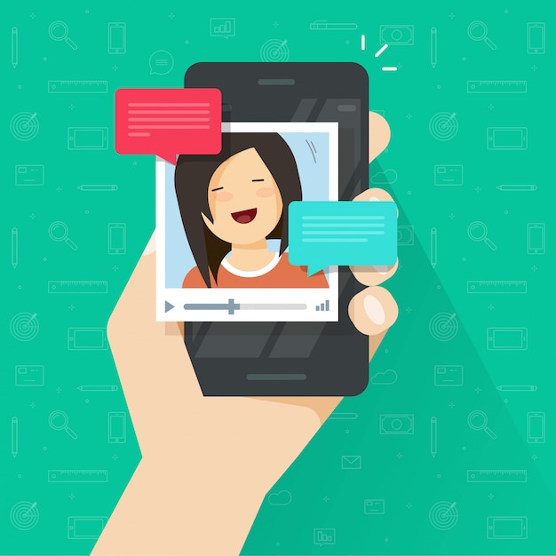 Online video call on smartphone or mobile phone with video chat technology vector flat cartoon