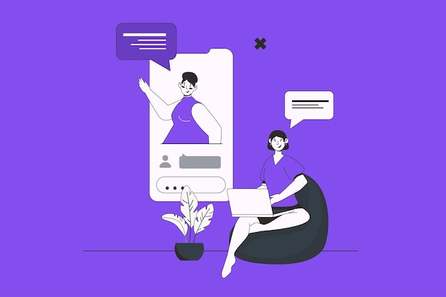 Online video call web concept with character scene in flat design People talk in video programm discussing work tasks at virtual conference Vector illustration for social media marketing material