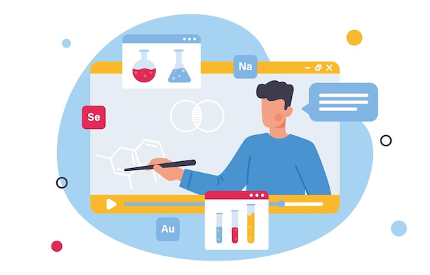 Online video chemistry lesson concept man with pointer at distance lecture teacher at webinar knowledge and information electronic education and learning cartoon flat vector illustration