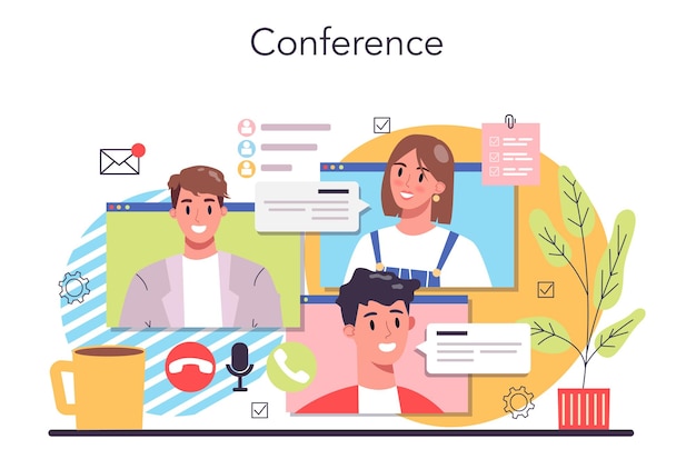 Online video conference concept brainstorming or negotiating process business meeting and contracting business planning and developmentisolated flat vector illustration