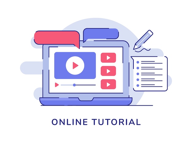 ノートパソコンとプレーヤーのメモを含むオンラインビデオチュートリアルの概念
