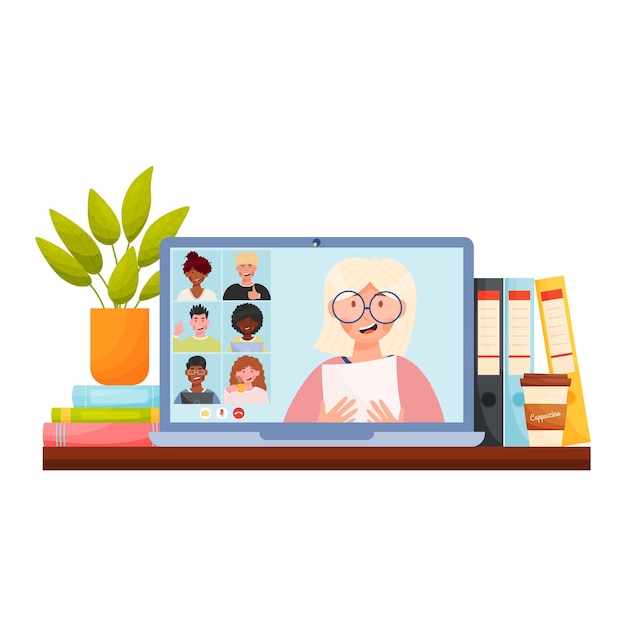 Online videochat-conferentievergadering met diverse groep mensen thuiskantoor werkplekconcept vectorillustratie