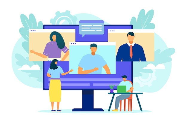online videoconference concept vector illustration video chat at computer screen group people