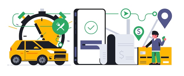Online voedselbezorgservice aan uw huis Online betaling voor voedselbezorging via een mobiele applicatie Betalingscheque bankkaart telefoon app auto stopwatch routekaart man Vectorillustratie