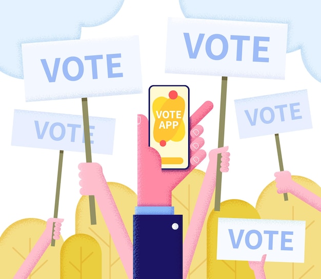 Vector online voting concept flat illustration with voters' hands