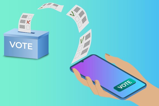 Онлайн-голосованиеЧеловек голосует с помощью приложения на смартфонеКонцепция электронного голосования