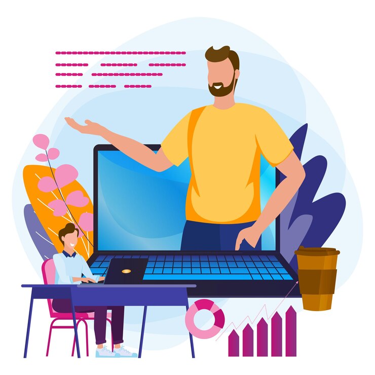 Vector online webinar elearning training podcast concept with video lector man business coaching