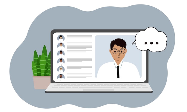 Online webinar or online training. Laptop with the image of online communication of men and women. Vector flat illustration