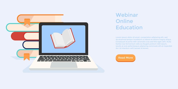 Online webinar with education book in laptop in a flat design