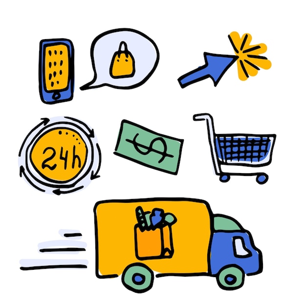 Online winkel cartoon vector icon set Mand om te winkelen geld en bezorgservice 24 uur