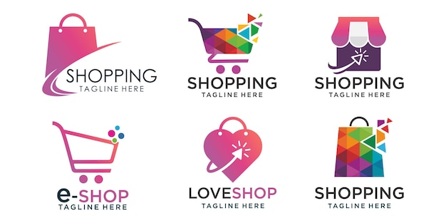 Online winkel icon set logo ontwerpen illustratie vectorafbeelding van winkel boodschappentas en trolley