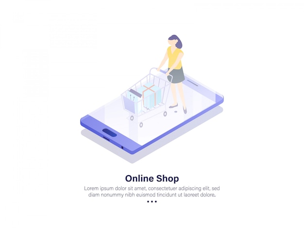 Vector online winkel illustratie mobiele app isometrisch