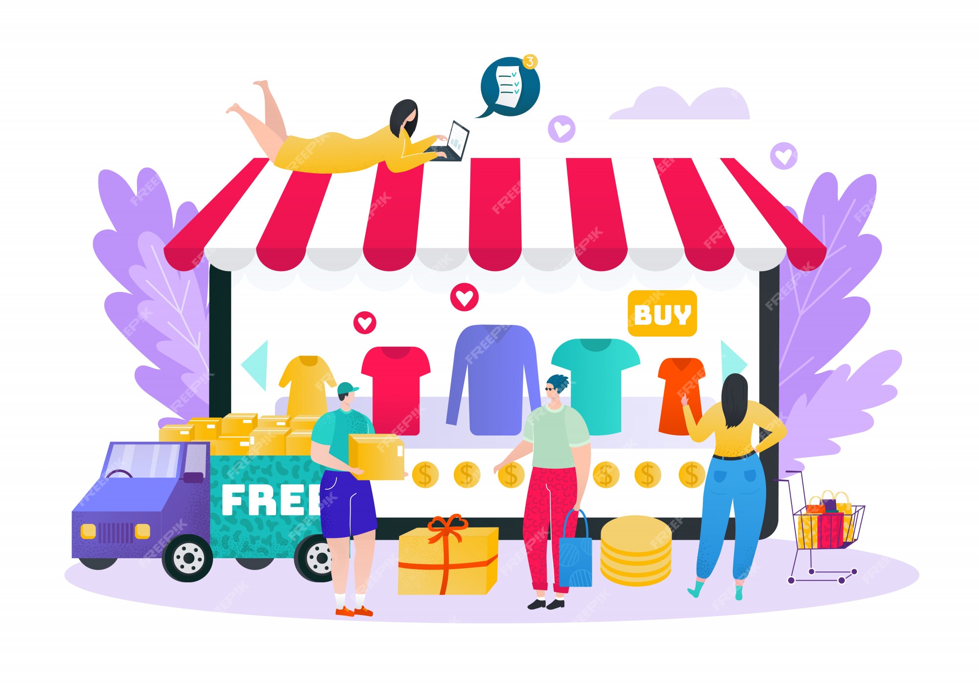 Aanhoudend Welsprekend procedure Online winkel, kleding internetwinkel en snelle levering concept, mensen  klanten shoppers illustratie. online winkeltechnologie op internet.  winkelen e-commerce technologie, marketing. | Premium Vector